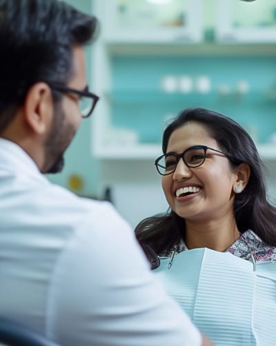 A smiling dentist talking to a happy patient in a dental chair.